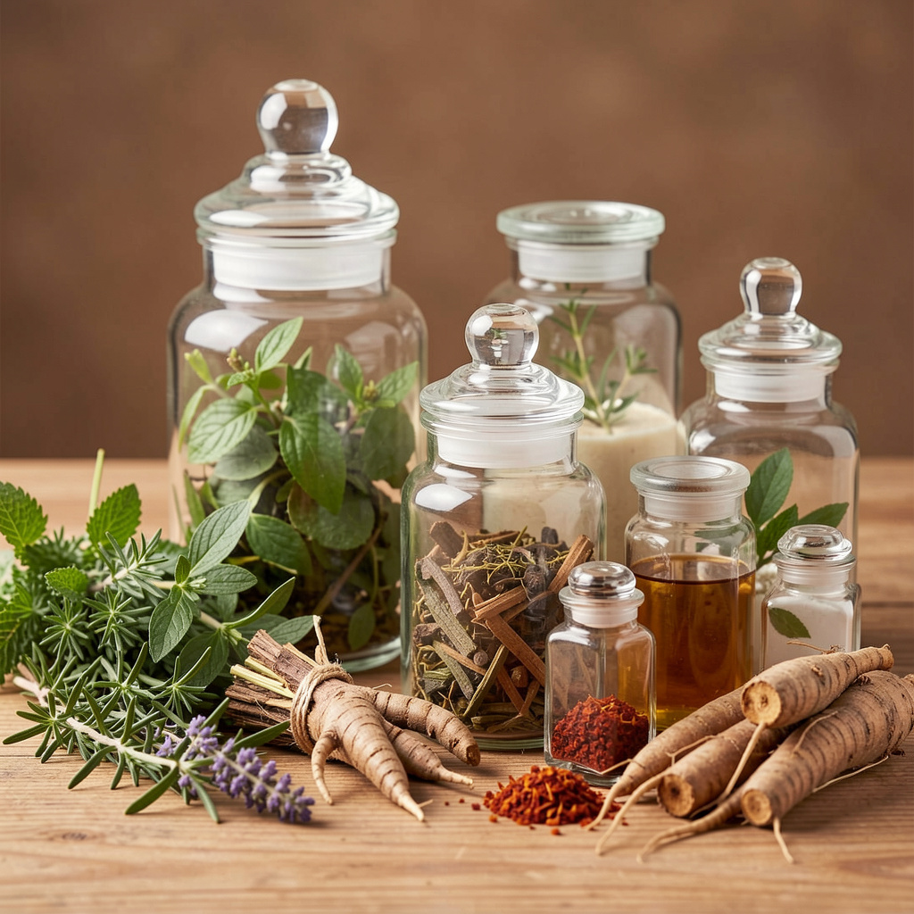 Fresh botanical ingredients including herbs, roots, and plant extracts arranged artistically